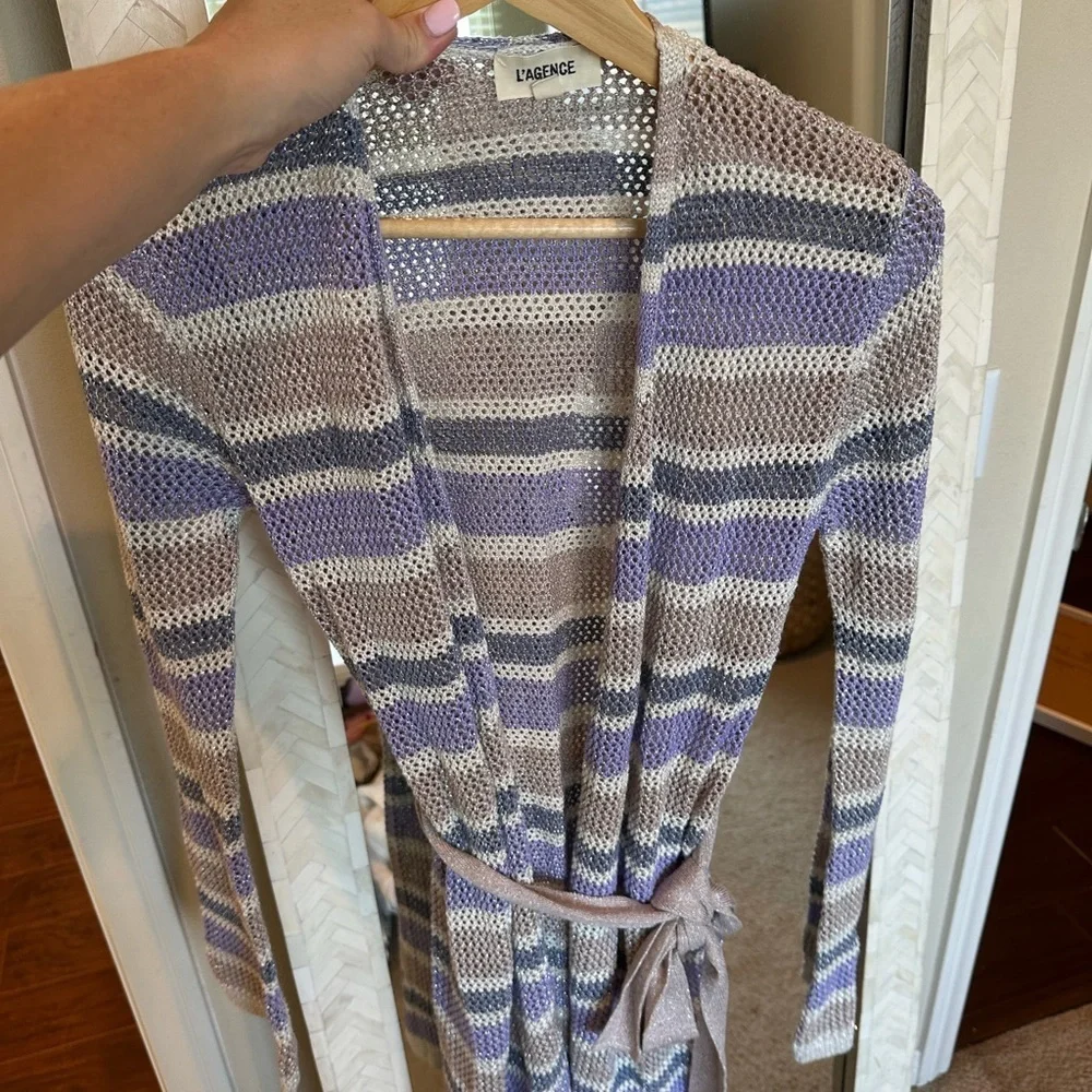 L'AGENCE Koi Striped Belted Women's Knit Cardigan - Lavender and Cream - Picture 6 of 9